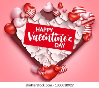Concepto de fondo vectorial de San Valentín. Feliz día de San Valentín con corte de papel de corazón y elementos románticos en globo para el diseño decorativo de saludo de día de San Valentín. Ilustración del vector
