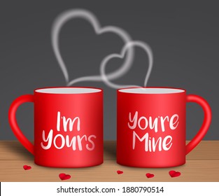 Valentine's vector background concept. I'm yours and you're mine text in red coffee mug with paper cut hearts element for romantic valentine's day lovers celebration design. Vector illustration