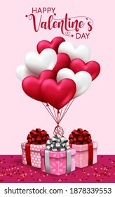 Valentine's vector background design. Happy valentine's day text with heart balloons and gifts element for valentines greeting card design. Vector illustration 