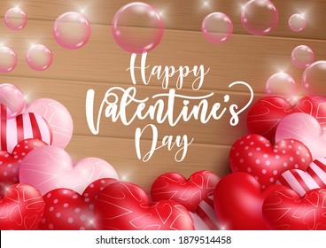Valentine's vector background design. Happy valentine's day text with 3d heart and bubble floating in wood texture background for valentine's day romantic greeting design. Vector illustration 