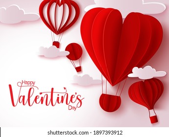 Valentine's vector background design. Happy valentine's day text with red heart shape hot air balloon and clouds paper cut element floating for valentines greeting celebration. Vector illustration 