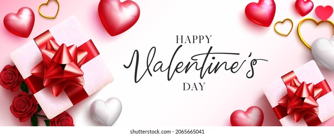 Diseño de fondo vectorial de San Valentín. Feliz día de San Valentín con adorables corazones, rosas y elementos de regalo para románticos mensajes de bienvenida de San Valentín. Ilustración vectorial.
