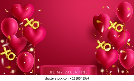 Diseño de fondo vectorial de San Valentín. Globos de San Valentín y elementos de podio para la decoración del estudio del día del corazón feliz. Ilustración vectorial.
