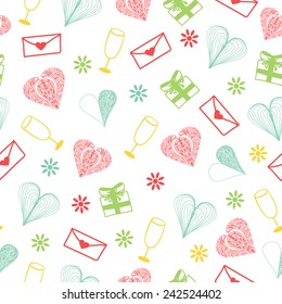 Valentine's vector background with gift boxes, wine glasses, hearts, flowers and envelopes