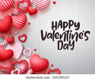 Valentines vector background. Happy valentines day greeting text with red hearts elements in white wooden texture background. Vector illustration.

