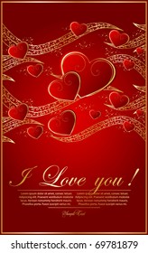 Valentines vector background with hearts and golden ornate