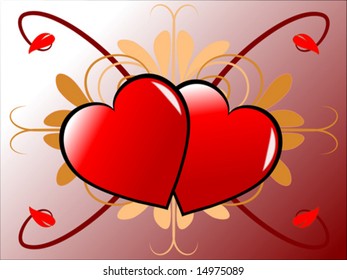 A valentines vector background illustration with two red hearts on a geometric floral design with a graduated red base
