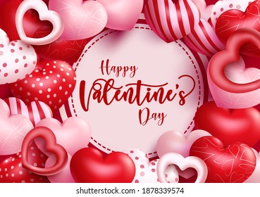 Valentine's vector background template design. Happy valentine's day typography text in circle frame with heart balloons element for valentine celebration design. Vector illustration