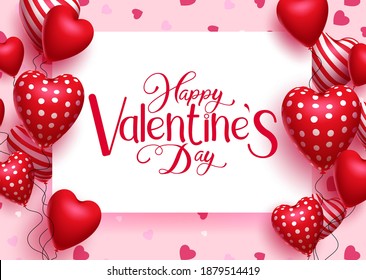 Valentine's vector background template. Happy valentine's day text in white board empty space with element of balloon hearts for romantic valentine celebration messages design. Vector illustration