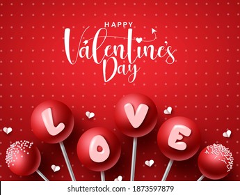 Fondo del cartel vectorial de San Valentín. Feliz texto del día de San Valentín con elemento de amor de la paleta roja para la dulce y romántica celebración de la tarjeta de saludo de San Valentín. Ilustración del vector 