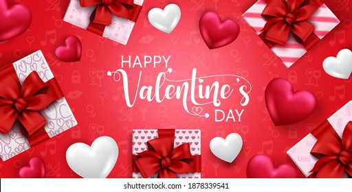 Valentins Vektorbanner-Hintergrund. Alles Gute zum Valentinstag mit Geschenk- und Herztalent-Elementen für Liebesfeiern und Dekorationsdesign. Vektorgrafik