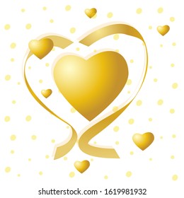 Valentines vector card. Red and golden hearts, ribbons.