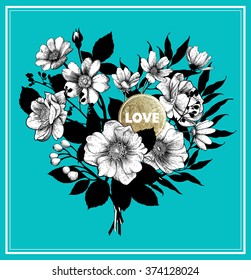 Valentine's Vector Card with Vintage Heart-Shaped Victorian Graphic Floral Bouquet. Greeting Postcard, Wedding Invitation. EPS8