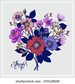 Valentine's Vector Card with Vintage Heart-Shaped Victorian Graphic Floral Bouquet. Greeting Postcard, Wedding Invitation. EPS8