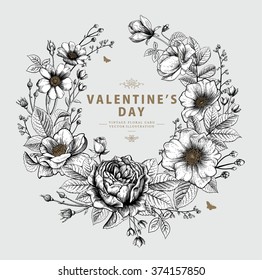 Valentine's Vector Card with the Wreath made of Vintage Victorian Graphic Flowers.  Greeting Postcard, Wedding Invitation. EPS8