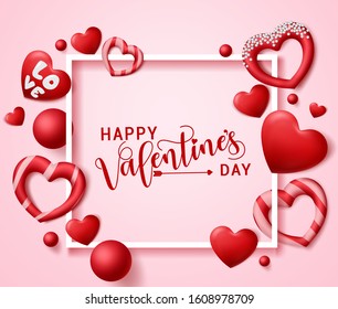 Valentines vector frame template. Happy valentines day typography greeting text in frame with valentine heart design element with empty space for messages in pink background. Vector illustration. 