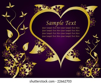 A valentines vector illustration with a heart shaped frame with room for text on a gold floral background