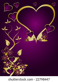 A valentines vector illustration with a heart shaped frame with room for text on a gold floral background