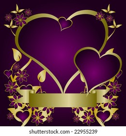 A valentines vector illustration with a heart shaped frame with room for text on a gold floral background