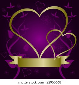 A valentines vector illustration with a heart shaped frame with room for text on a gold floral background