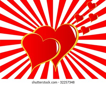 A valentines vector illustration with hearts on a two tone sunburst background