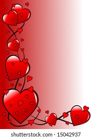 Ilustración vectorial de San Valentín con una serie de corazones rojos en una vid sobre un fondo rojo que se desvanece a blanco graduado, con espacio para texto