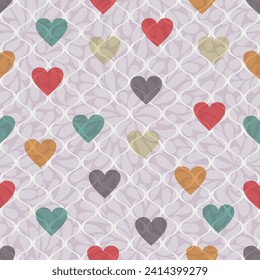 Valentines vector pattern with colorful translucent hearts on a soft pink background with shapes and paisley background