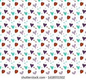 Valentines vector pattern. Red, , blue and purple on white background . Ornament for printing onto fabric and paper or scrap booking.  Abstract shape with heart and hearts.