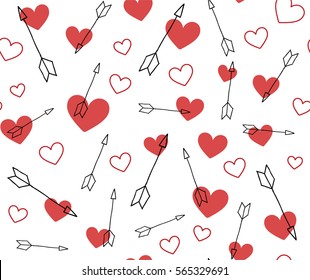 Valentines vector pattern of red  hearts and hand draw arrows. Seamless arrow background.