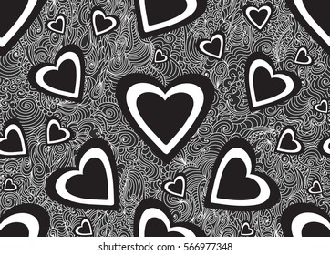 Valentines vector seamless pattern with beautiful hand drawn hearts and figured ornament. Decorative endless texture