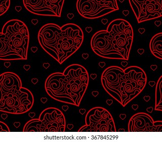 Valentine's vector seamless pattern with red lacy hearts. Happy Valentine's day endless texture