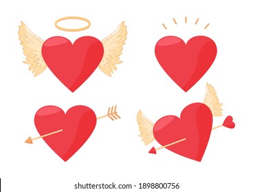 Valentinvektorsatz. Herzen, Flügel Engel, Pfeil durchbohrtes Herz. Feiertagsillustration