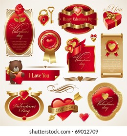 Valentines vector set with ornate golden luxury frames, hearts & objects