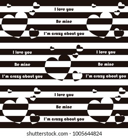 Valentine's vector stylish design background with hearts on contrast with clack and white strypes