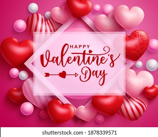 Valentine's vector template design. Happy valentine's day typography text in white empty space for messages with 3d heart balloons and pearl for valentine design. Vector illustration