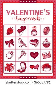 Valentine's vintage bingo card for game. Game card. Card ? 5. Vector. Collection of 6 game card and 1 calling card.  