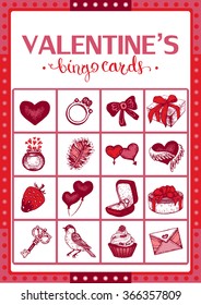 Valentine's vintage bingo card for game. Game card. Card ? 2. Vector. Collection of 6 game card and 1 calling card.  