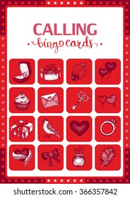 Valentine's vintage bingo card for game. Calling cards. Card ? 7. Vector. Collection of 6 game card and 1 calling card.  