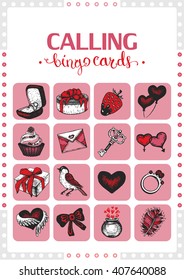 Valentine's vintage bingo card for game. Calling cards. Card 7. Vector. Collection of 6 game card and 1 calling card.  