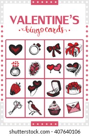 Valentine's vintage bingo card for game. Game card. Card  2. Vector. Collection of 6 game card and 1 calling card.