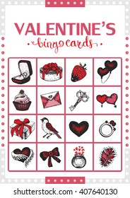 Valentine's vintage bingo card for game. Game card. Card  1. Vector. Collection of 6 game card and 1 calling card.