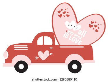 Valentines Vintage Red Truck, Valentine's Day Vector Illustration