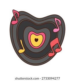 Vinilo de San Valentín disco de dibujos animados pegatina groovy. Etiqueta de la celebración del amor, etiqueta engomada del Vector groovy retro festivo romántico. Parche o etiqueta hippie del día del romance con disco de vinilo en forma de corazón y notas musicales