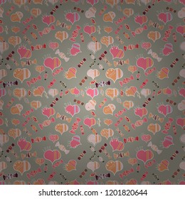 Valentine':s with violet, brown and black elements. Seamless Geek valentine':s day hearts background. Raster illustration. Heart pattern.