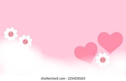 Valentine's wallpaper with hearts and daisy cartoons on pink sky background vector illustration.