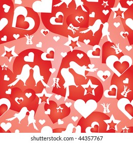 Valentine's wallpaper with hearts and rabbits on red background