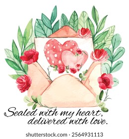 Valentines Watercolor floral letter with envelop and heart inside it, sealed with heart, delivered with love 