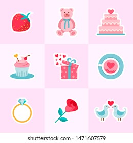 Valentine's and Wedding background in flat design style. Present, Strawberry, Cupcake, Bear toy, Diamond ring, Birds, Wedding Cake Colored Love stickers Vector illustration
