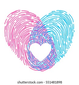 Valentines or wedding day design. Vector fingerprint sketch with heart. Hand drawn outline illustration with human finger print with pink and blue heart shape