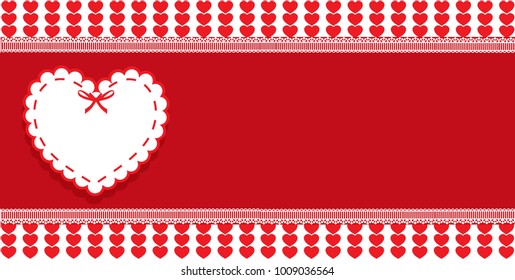 Valentine's or wedding love template with  space for text and wrapped heart stamp with bow on red and white striped hearts background framed with lace. Abstract design element . Vector border, frame.